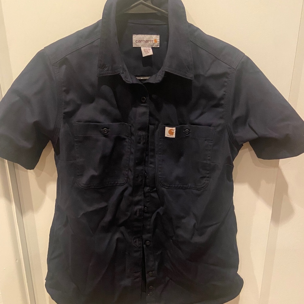 Carhartt Women Force Relaxed Fit short sleeve button down shirt navy SMALL